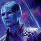 Karen Gillan's character Nebula on a purple-hued poster for a Marvel movie.